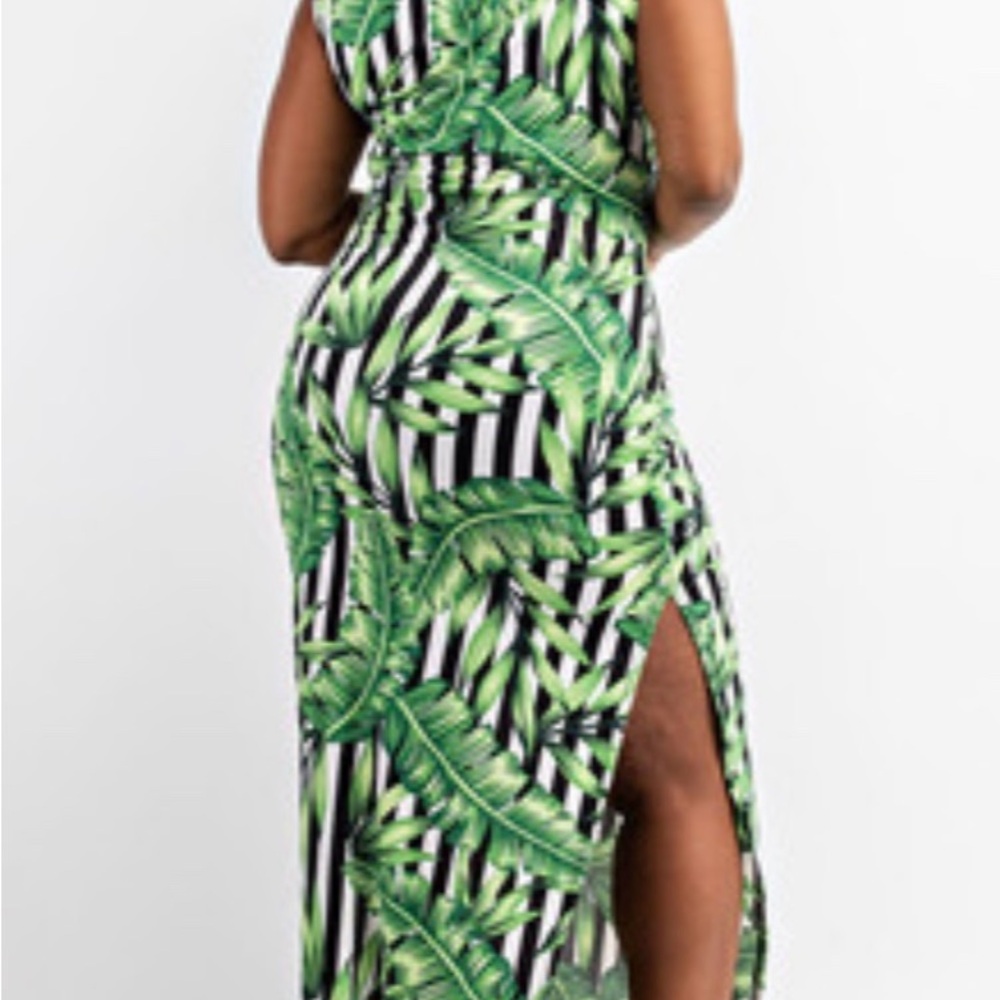Tropical Green and Black Striped Maxi Dress